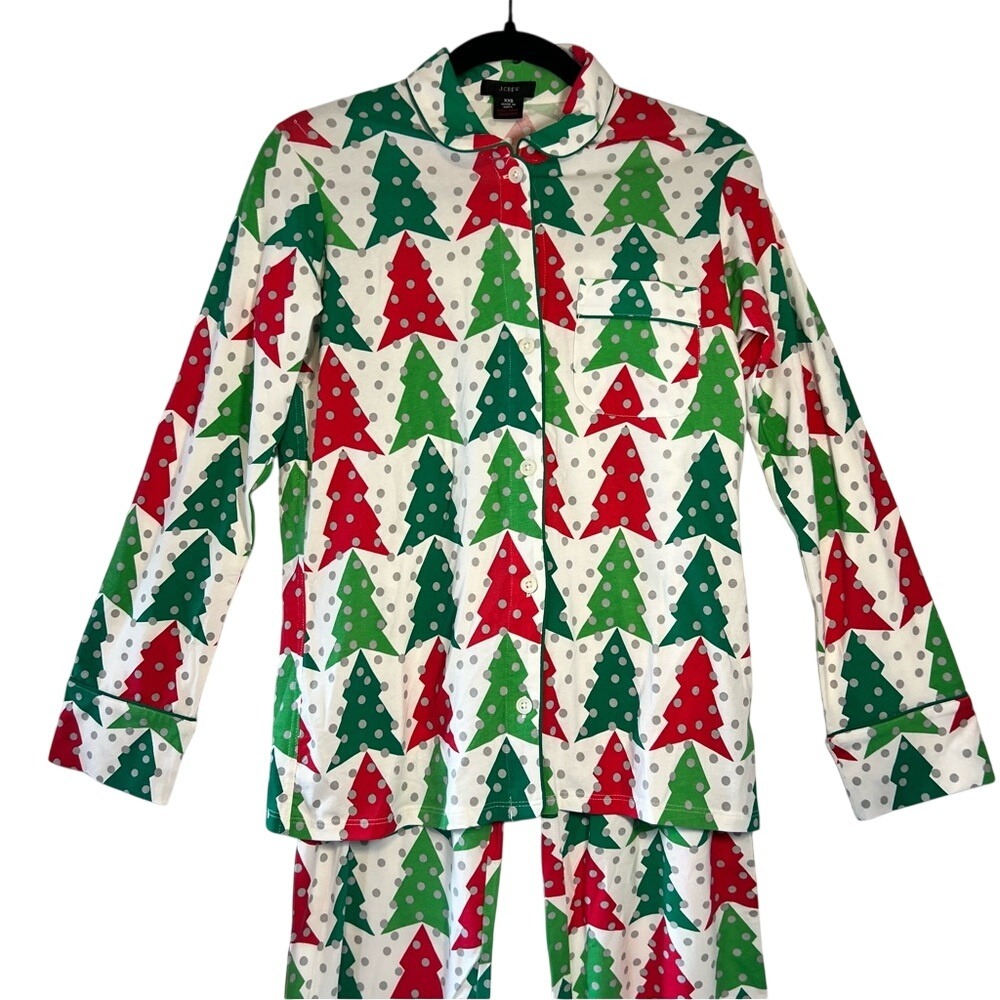 NWT J. Crew Women's XXS‎ Knit Pajama Set with Festive Tree Design